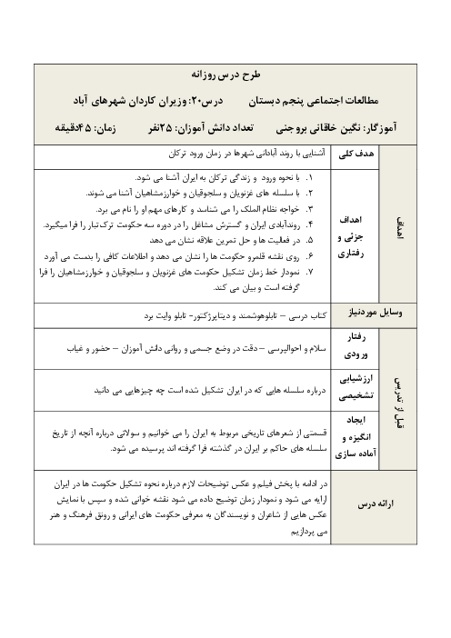 طرح درس روزانه مطالعات اجتماعی پنجم دبستان | درس 20: وزیران کاردان، شهرهای آباد