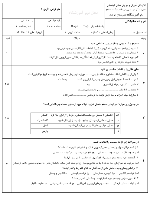 آزمون نوبت اول تاریخ (3) دوازدهم انسانی دبیرستان توحید | دی 1402