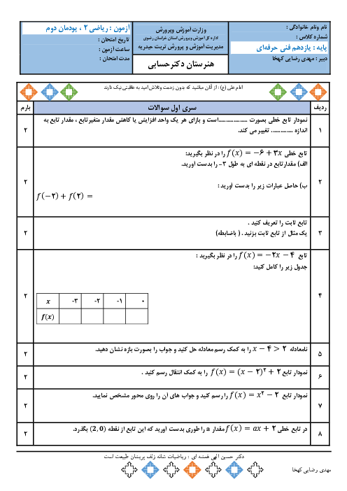 سه سری آزمون پودمانی ریاضی (2) فنی یازدهم هنرستان دکتر حسابی | پودمان 2: تابع‌های خطی و درجۀ دوم و کاربرد آنها در حل معادله‌ها و نامعادله‌ها