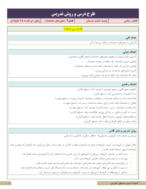 طرح درس و روش تدریس ریاضی ششم دبستان | فصل 4: محورهای مختصات
