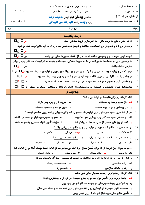 امتحان مدیریت تولید یازدهم هنرستان کاردانش طالقانی | پودمان2: مدیریت منابع تولید