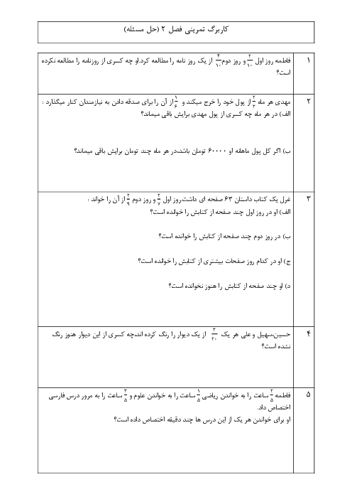 کاربرگ حل مسئله کسرها