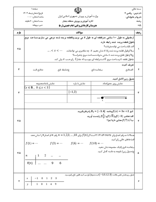 امتحان ترم اول ریاضی 2 هنرستان