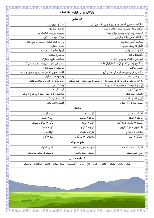 معنی و مفهوم درس به درس واژگان و بیت‌های فارسی پنجم