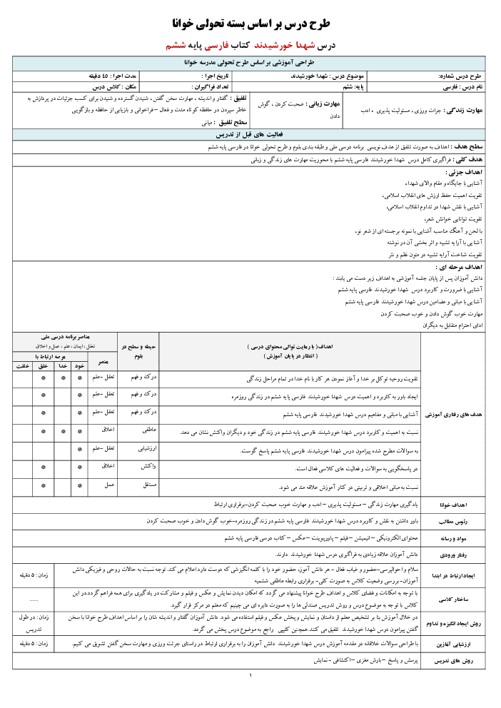 طرح درس خوانا فارسی ششم دبستان | درس 11: شهدا خورشیدند