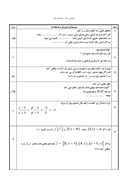 آزمون نوبت دوم ریاضی و آمار (2) یازدهم دبیرستان کوشش ورامین | خرداد 1398