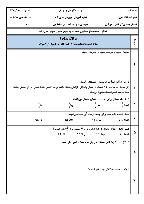 آزمون استاندارد پودمان 2 ریاضی دهم فنی: درصد و کاربردهای آن