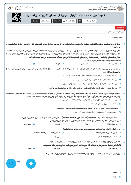 آزمون آنلاین پودمان 1: طراحی گرافیکی | درس تولید محتوای الکترونیک و برنامه سازی