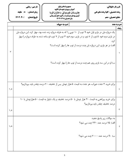 آزمون پایانی پودمان 2 ریاضی دهم هنرستان غیردولتی دختران فردا
