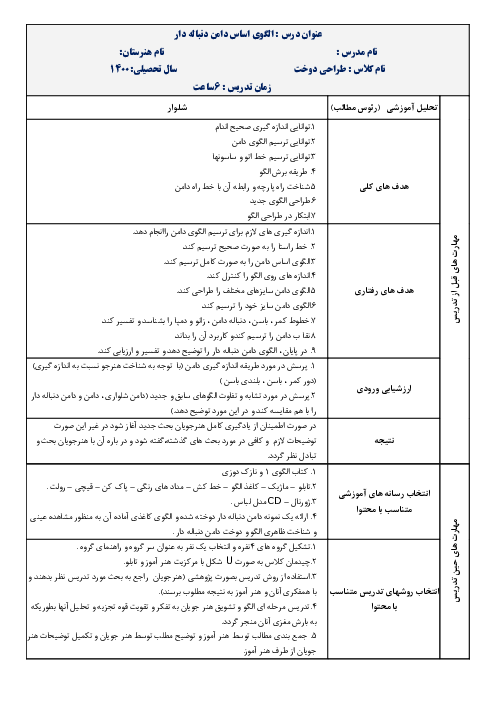 طرح درس روزانه طراحی، مدلسازی و دوخت دامن دهم  | فصل 2: ترسیم الگوی اساس دامن