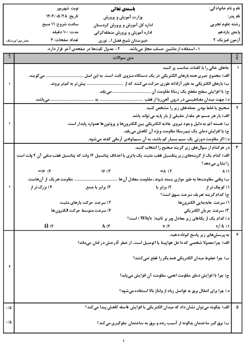 امتحان نوبت شهریور 1402 فیزیک 2 یازدهم تجربی
