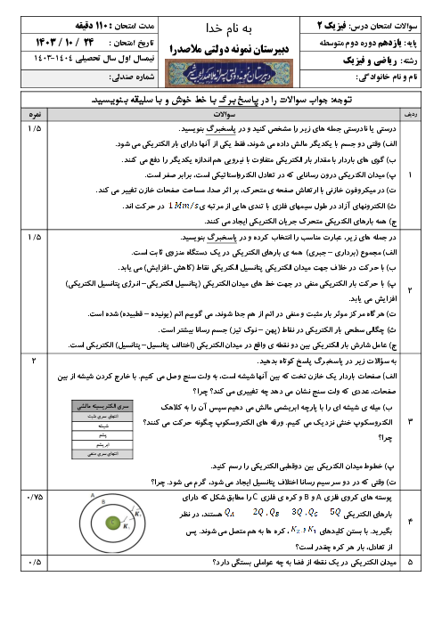 امتحان فیزیک یازدهم نیمسال اول دی 1403 دبیرستان نمونه ملاصدرا