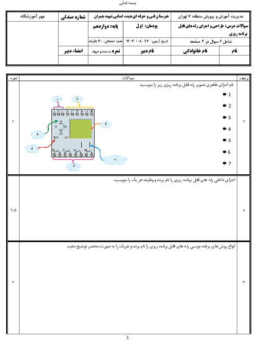 سوالات پودمان 1: توابع ساده رله قابل برنامه‌ریزی | درس طراحی و اجرای رله‌های قابل برنامه‌ریزی