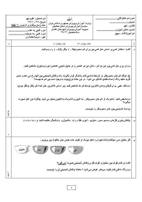  آزمون نوبت اول علوم تجربی نهم دبیرستان سپهر کاشان | دیماه 95