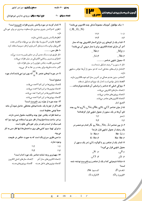 آزمون شبیه ساز تیزهوشان ورودی نهم به دهم (مهر ماه 1403)