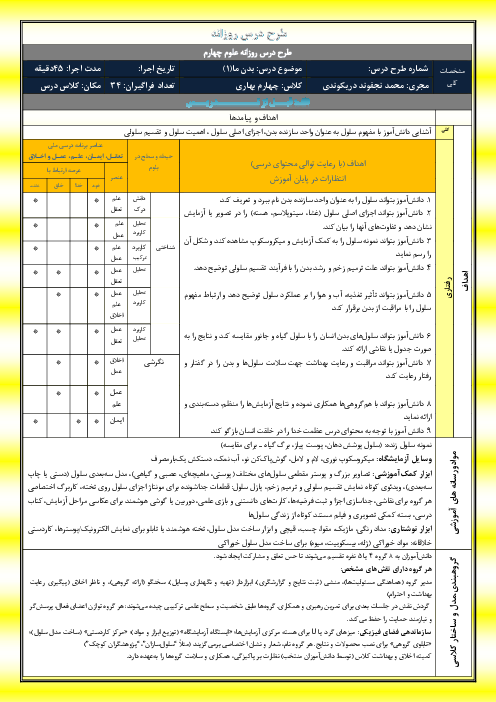 طرح درس روزانه درس 9 علوم چهارم | بدن ما (1)