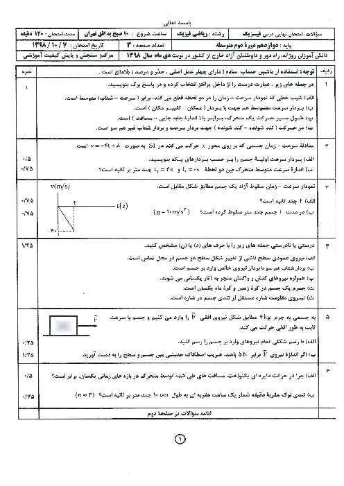 سوالات امتحان نهایی فیزیک (3) دوازدهم رشته ریاضی هماهنگ مدارس خارج از کشور | نوبت دی 1398