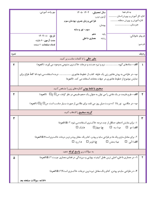 نمونه سوال پودمان 3 طراحی و زبان بصری: نور و سایه