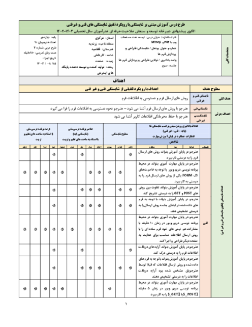 طرح درس آموزش مبتنی بر شایستگی | فصل 6: طراحی و پردازش فرم ها 
