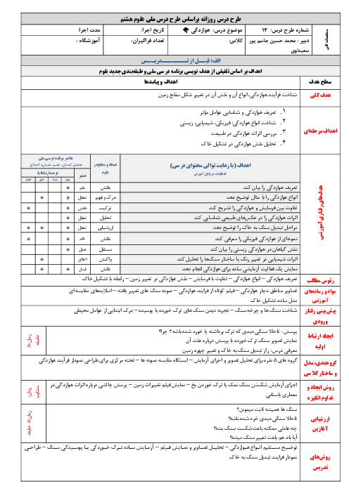 طرح درس علوم هشتم فصل 13: هوازدگی
