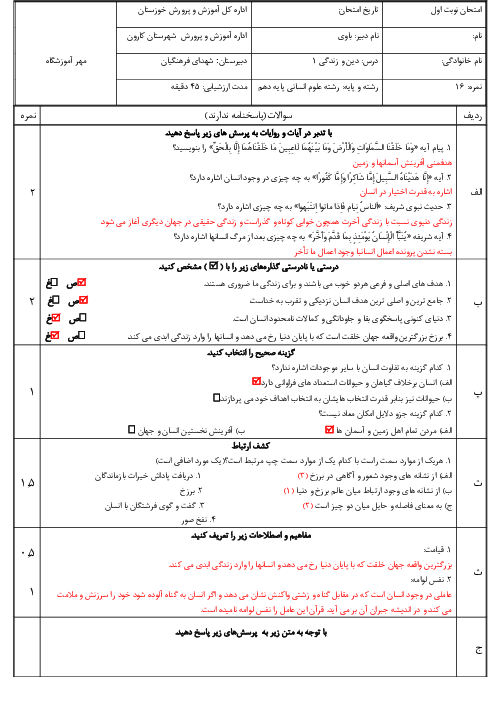 امتحان نوبت اول دین و زندگی 1 دهم انسانی دبیرستان شهدای فرهنگیان دی 1404
