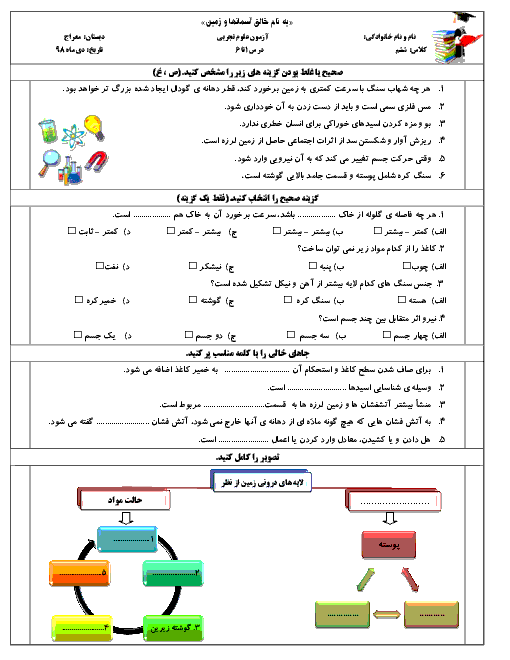 آزمون نوبت اول علوم تجربی ششم دبستان معراج | دی 98 (درس 1 تا 6)