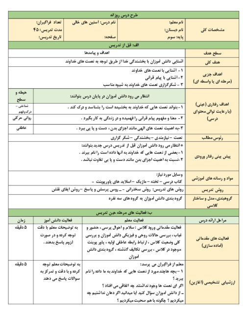 طرح درس هدیه های آسمانی سوم ابتدائی | درس 1: آستین های خالی