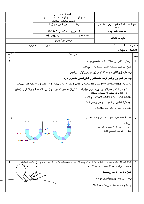 آزمون نوبت دوم شیمی (1) دهم دبیرستان صائب | شهریور 1398