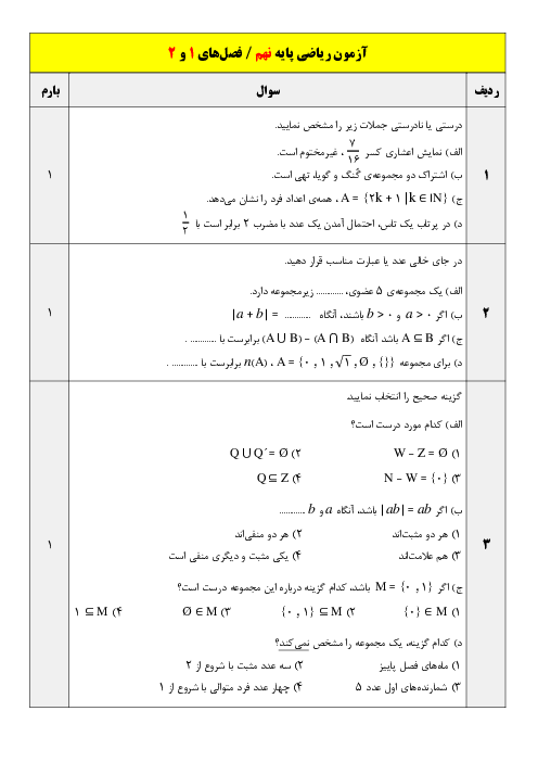 آزمون ریاضی پایه نهم | فصل‌های 1 و 2