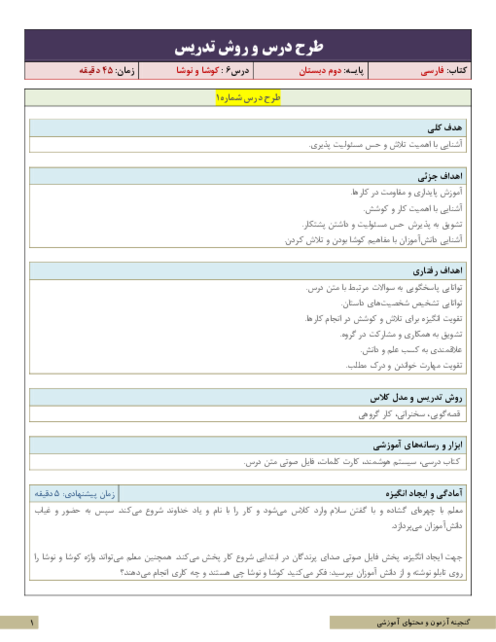 طرح درس و روش تدریس فارسی دوم دبستان | درس 6: کوشا و نوشا