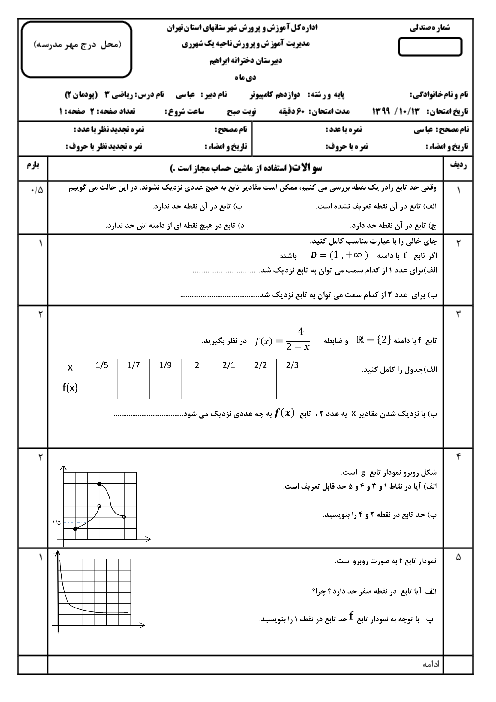 سوالات امتحان ریاضی (3) دوازدهم فنی هنرستان ابراهیم | پودمان 2: درک مفهوم حد