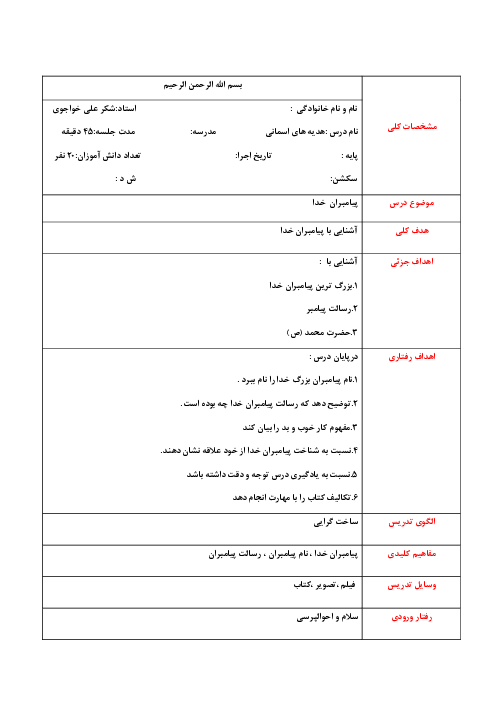 طرح درس هدیه های آسمانی پایه دوم؛ درس 6 پیامبران خدا 