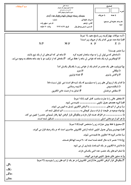 آزمون پودمان اول شیمی فنی و حرفه‌ای هنرستان پالایش نفت؛ ساختار اتم و مفاهیم پایه شیمی