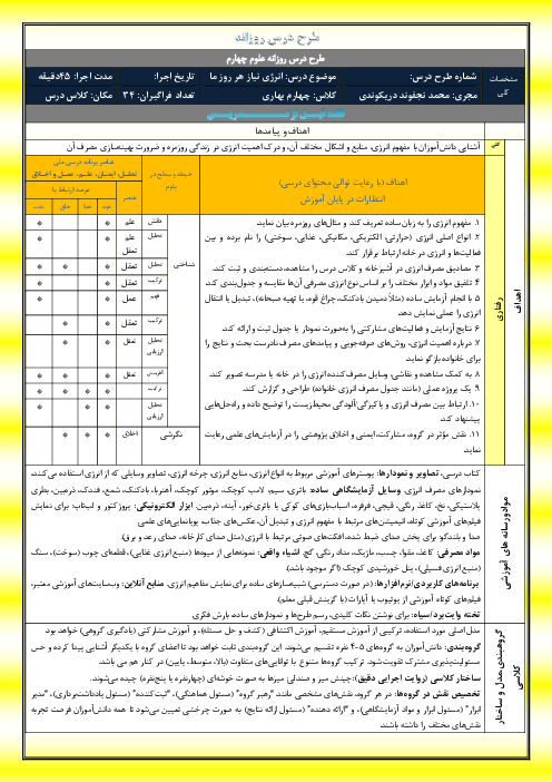 طرح درس روزانه درس 3 علوم چهارم | انرژی، نیاز هر روز ما