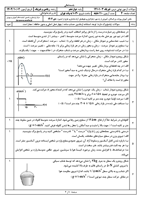 امتحان نهایی فیزیک (3) پایه دوازدهم ریاضی | جبرانی دی 1404 