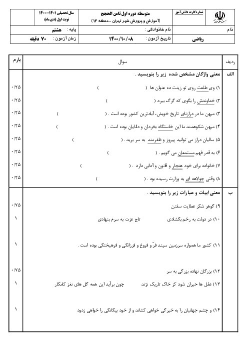سوالات امتحان نوبت اول فارسی هشتم مدرسه ثامن الحجج (ع) | دی 1400