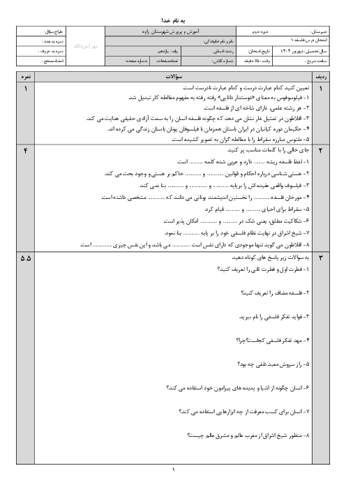 نمونه سوال فلسفه یازدهم نوبت شهریور 1404 دبیرستان تربتی