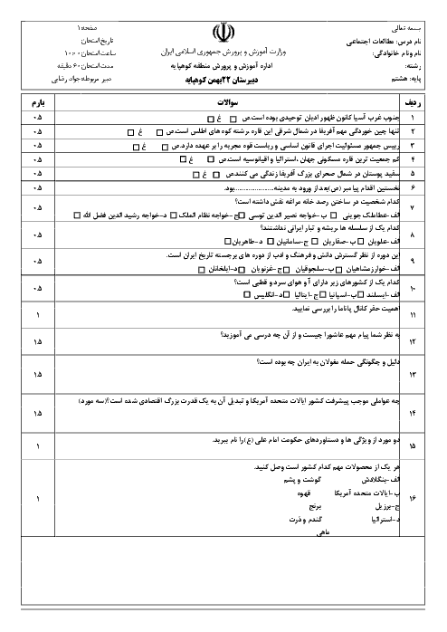 سوالات امتحان نوبت دوم مطالعات اجتماعی هشتم دبیرستان 22 بهمن کوهپایه | خرداد 96