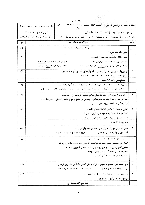 امتحان نهایی درس فارسی (3) دوازدهم مدارس ایرانی خارج از کشور | دی 1400 (نوبت عصر)