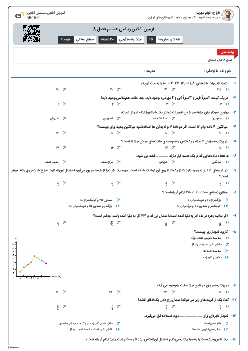 آزمون آنلاین ریاضی هشتم فصل 8