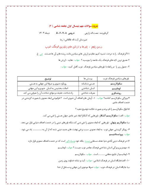 جزوه سوالات مهم امتحانی دروس 5 تا 8 جامعه شناسی یازدهم دیماه 1404