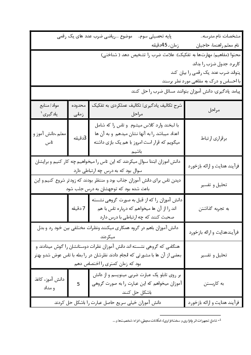 طرح درس فرم جیم ریاضی سوم ابتدائی | ضرب عددهای یک رقمی