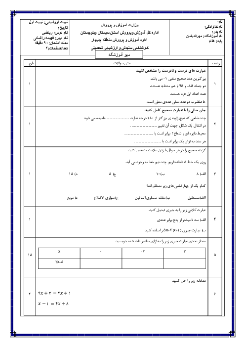 امتحان نوبت اول ریاضی دی ماه 1403 مدرسه مهراندیشان