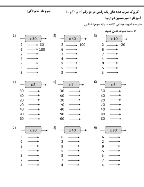 کاربرگ ضرب عدد های یک رقمی در دو رقم ( 10 و 20 و ...)