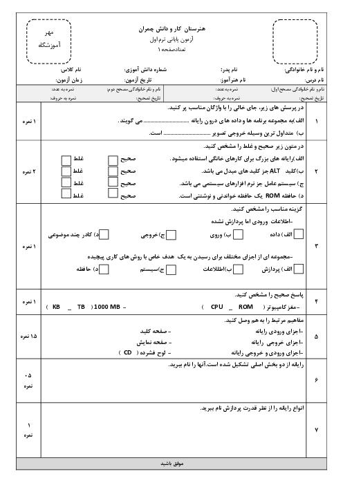 آزمون پایانی ترم اول کاربر رایانه دهم هنرستان کار دانش چمران | دی 1401