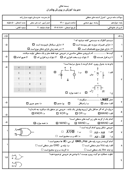 سوالات ماده درسی کنترل کننده های منطقی  (گیت‌های منطقی)