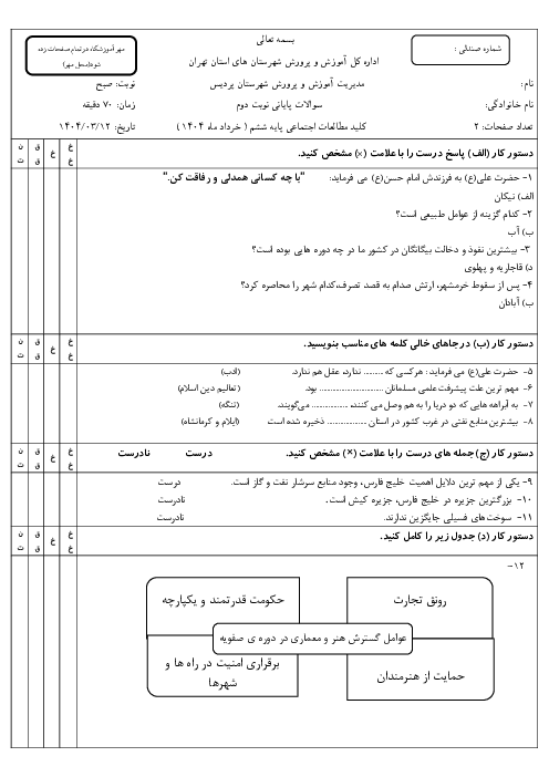 سوالات آزمون هماهنگ مطالعات اجتماعی ششم ناحیه پردیس | خرداد 1404 شیفت صبح و عصر