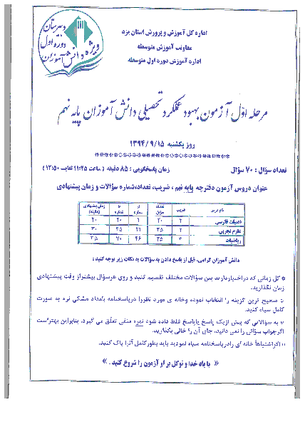 آزمون بهبود عملکرد تحصیلی دانش آموزان پایه نهم استان یزد | آذر ماه 94 