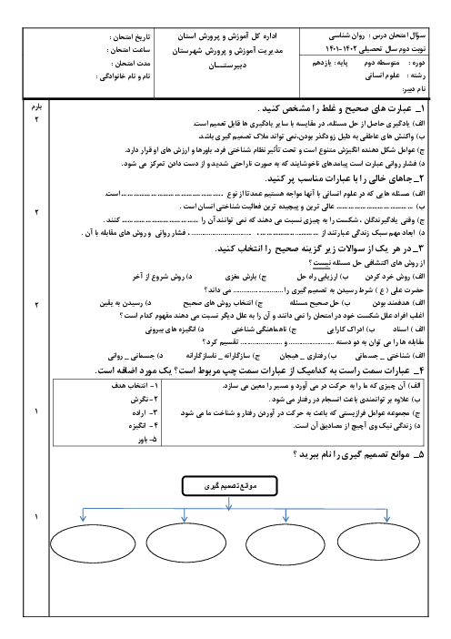 آزمون نوبت دوم خرداد 1402 | درس روانشناسی یازدهم دبیرستان امام رضا خمین