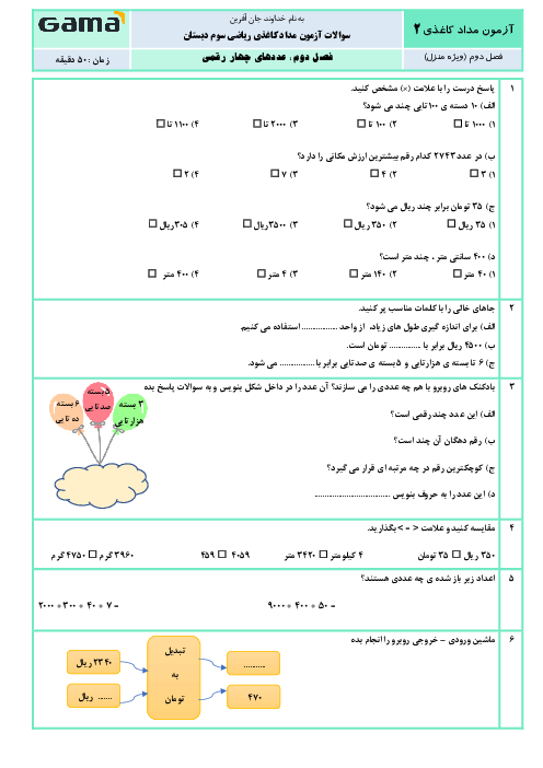 آزمون مداد کاغذی ریاضی سوم دبستان | فصل 2: عددهای چهار رقمی